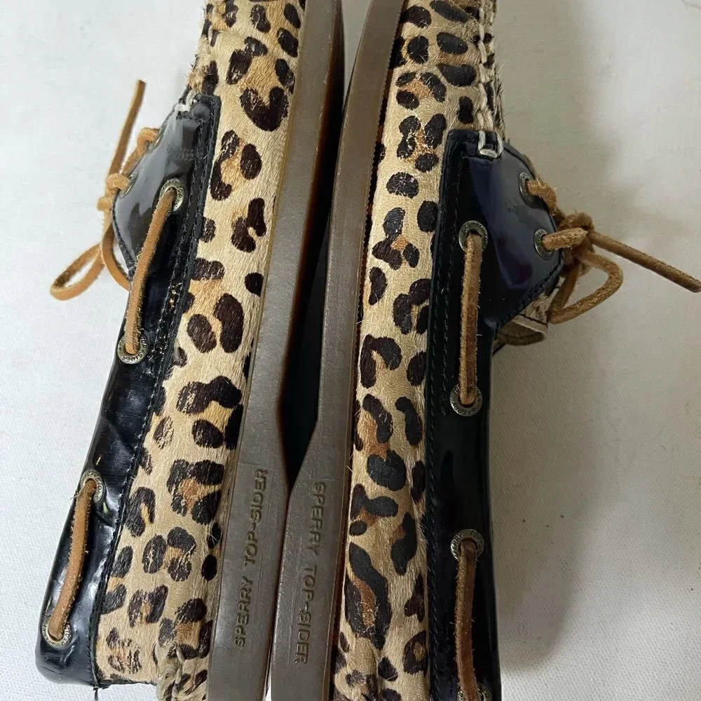 Sperry Too Sider Calf hair leopard prints & black patent leather size 7.…